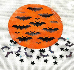 Kate Dickerson Needlepoint Collections Round with Clear Dome and Confetti Halloween Bats on Orange Needlepoint Canvas