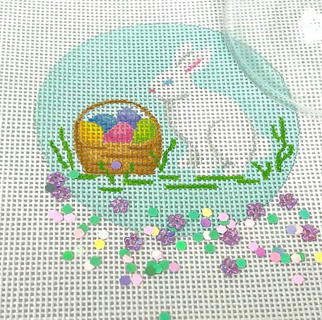 Kate Dickerson Needlepoint Collections Round with Clear Dome and Confetti Easter Bunny with Basket Of Eggs Needlepoint Canvas