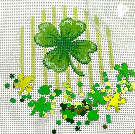 Kate Dickerson Needlepoint Collections Round with Clear Dome and Confetti St Patricks Day 4 Leaf Clover Needlepoint Canvas