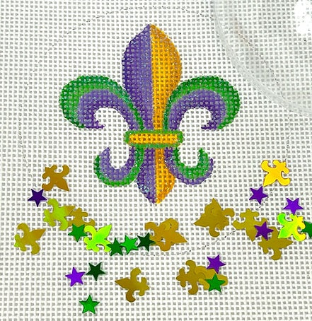 Kate Dickerson Needlepoint Collections Round with Clear Dome and Confetti Mardi Gras Fleur De Lys with Stars Purple Gold and Green Needlepoint Canvas