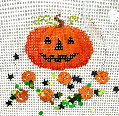 Kate Dickerson Needlepoint Collections Round with Clear Dome and Confetti Halloween Jack O Lantern on Sparkly White Needlepoint Canvas