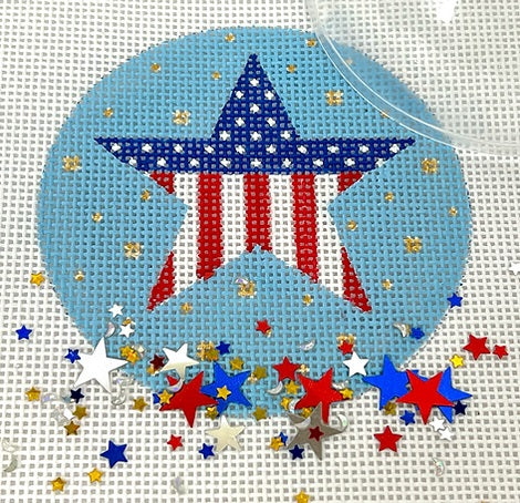 Kate Dickerson Needlepoint Collections Round with Clear Dome and Confetti Patriotic Star with Gold Fireworks on Sky Blue Needlepoint Canvas