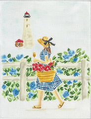 Kate Dickerson Needlepoint Collections Lindsay Brackeen Summer Stroll Blue Gingham Girl with Champagne and Lighthouse Needlepoint Canvas
