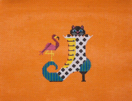 JP Needlepoint Black Cat in Witch's Boot with Flamingo Needlepoint Canvas