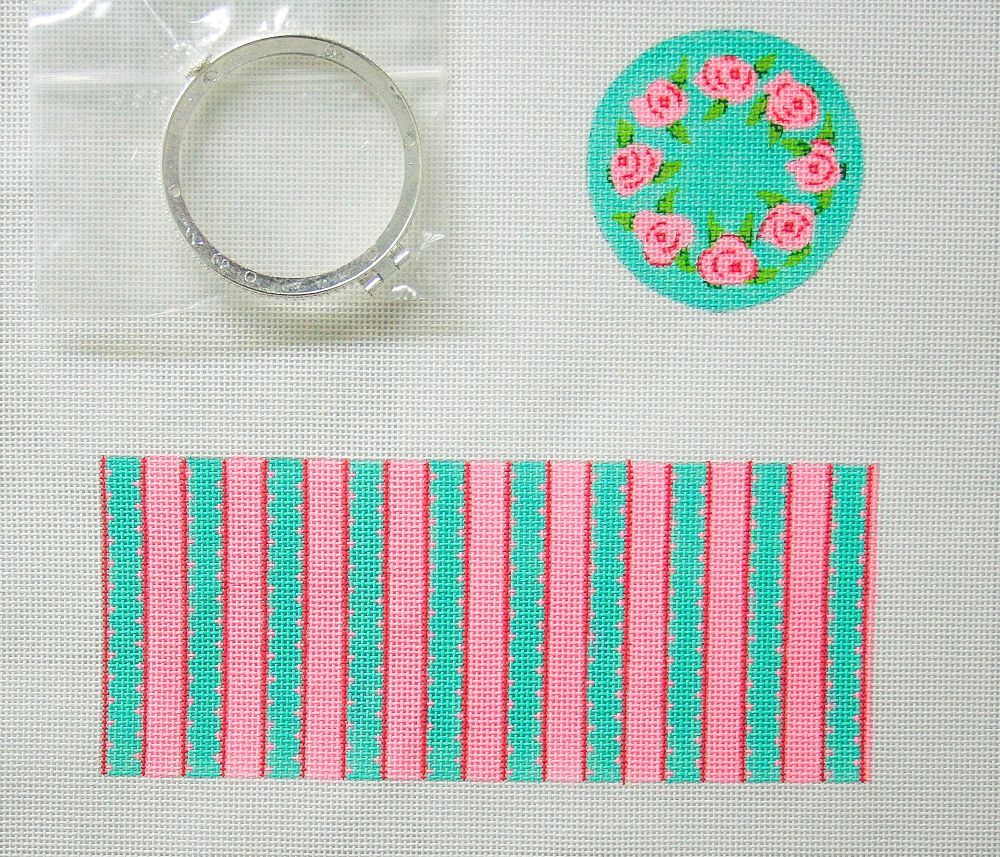 Kate Dickerson Needlepoint Collections Limoges Box - Medium Round Wreath of Roses & Picot Ribbon Stripes - Pinks, Greens & Caribbean (Silver Clasp) Needlepoint Canvas