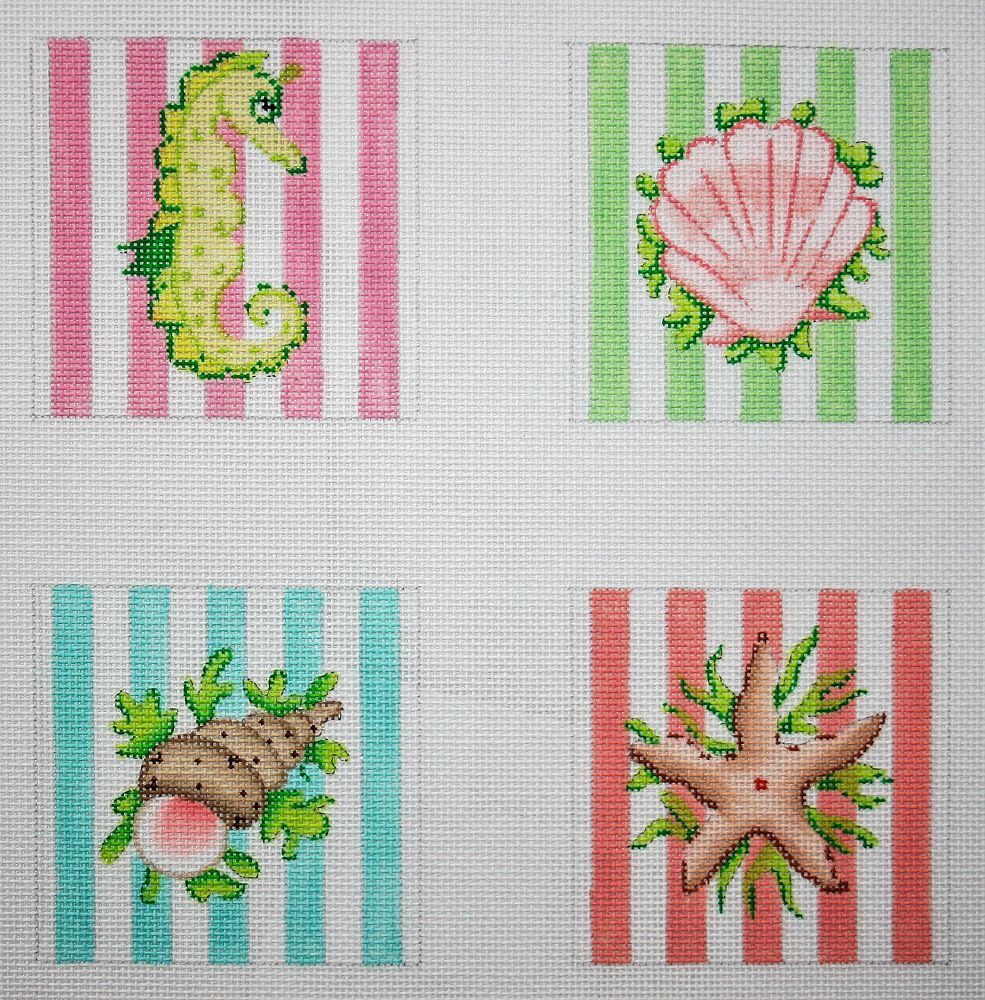 Kate Dickerson Needlepoint Collections Sea Creatures on Pastel Cabana Stripes Coaster Inserts Needlepoint Canvas