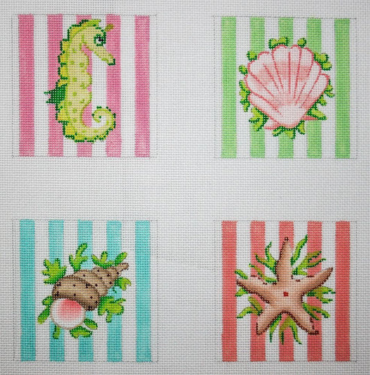 Kate Dickerson Needlepoint Collections Sea Creatures on Pastel Cabana Stripes Coaster Inserts Needlepoint Canvas