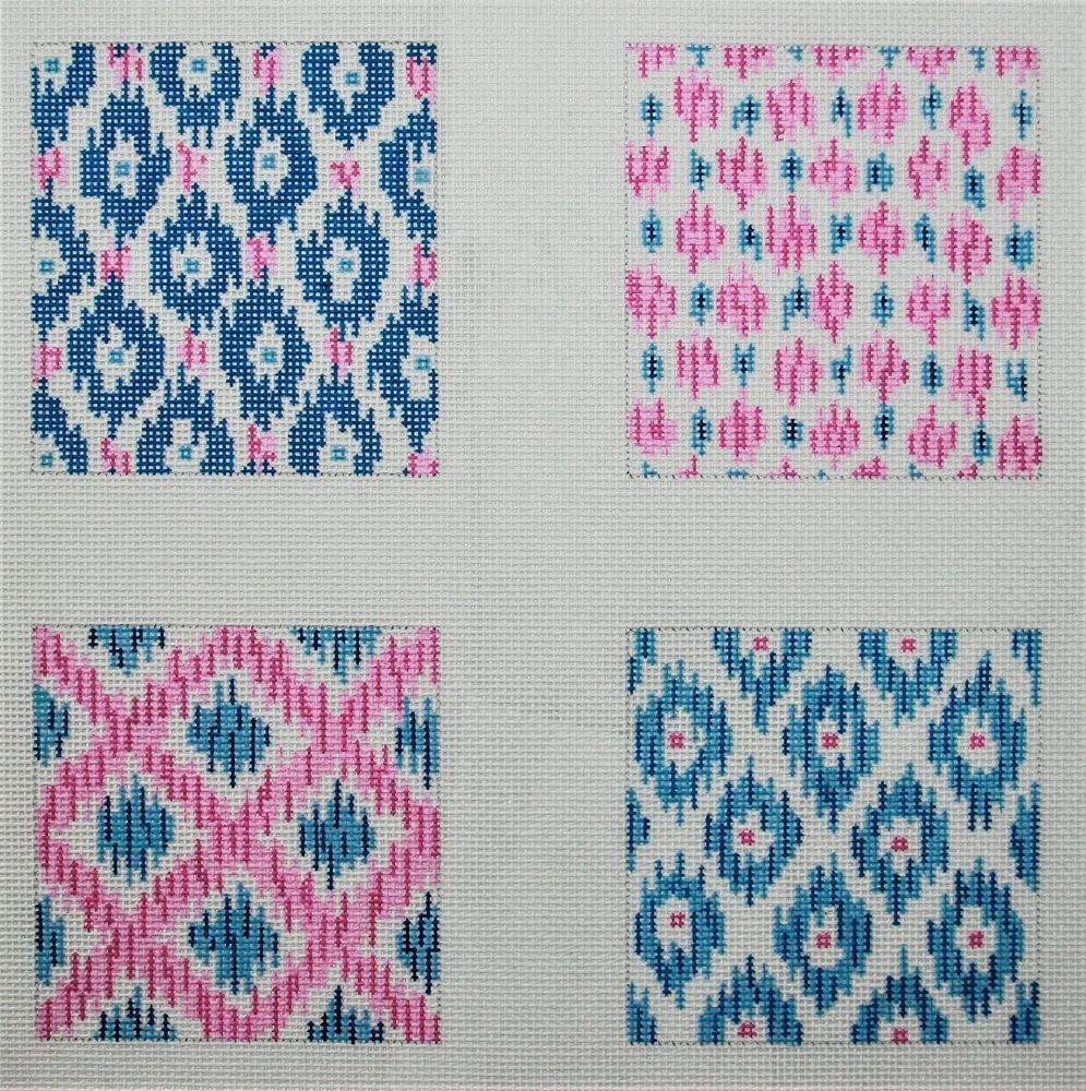 Kate Dickerson Needlepoint Collections Ikat Patterns Coaster Inserts - Indigo Blues & Hot Pinks Needlepoint Canvas