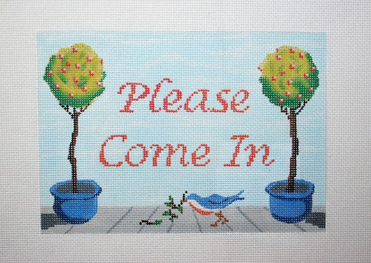 Kate Dickerson Needlepoint Collections "Please Come In" Topiaries In Blue Pots & Bluebird with Coral Lettering Needlepoint Canvas