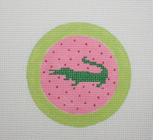 Kate Dickerson Needlepoint Collections 3” Insert - Green Gator on Hot Pink with Lime Border Needlepoint Canvas