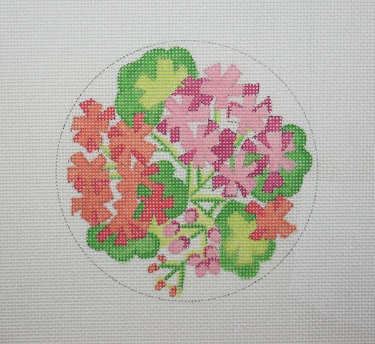 Kate Dickerson Needlepoint Collections 4” Round - Pink & Salmon Geraniums Needlepoint Canvas