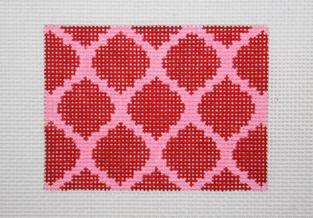 Kate Dickerson Needlepoint Collections Credit Card Case Insert - Quatrefoils - Red on Pink with Turquoise Letter Needlepoint Canvas