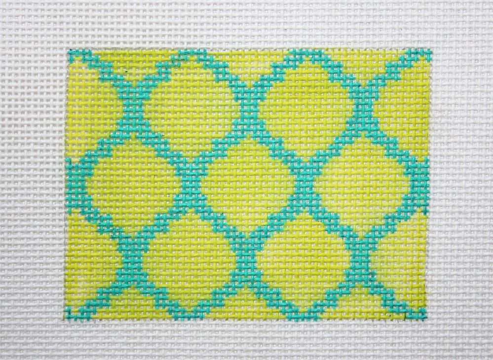 Kate Dickerson Needlepoint Collections Credit Card Case Insert - Quatrefoils - Lime on Cobalt with Pink Letter Needlepoint Canvas