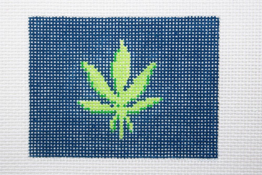 Kate Dickerson Needlepoint Collections Credit Card Case Insert - Weed Leaf - Greens on Navy Needlepoint Canvas