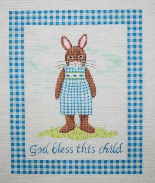 Kate Dickerson Needlepoint Collections Kelly Rightsell God Bless This Child Boy Bunny with Blue Gingham Border Needlepoint Canvas