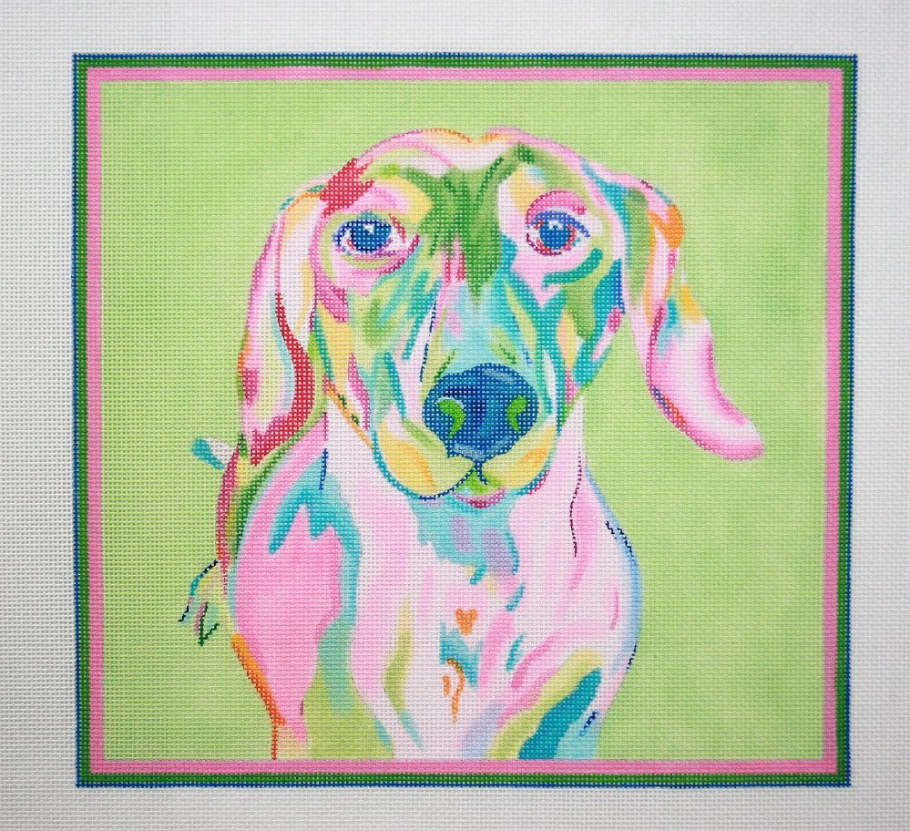 Kate Dickerson Needlepoint Collections Megan Carn - Dachshund - Pinks, Blues And Greens on Light Green Needlepoint Canvas