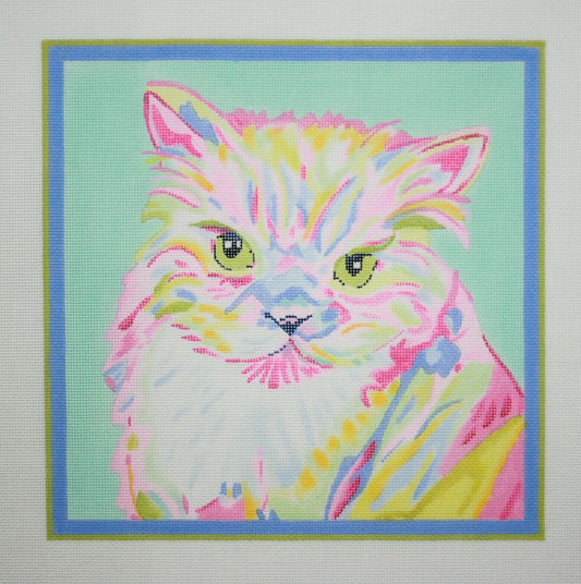 Kate Dickerson Needlepoint Collections Megan Carn - Persian Cat - Bright Pastels on Light Aqua Needlepoint Canvas