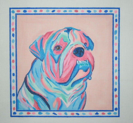 Kate Dickerson Needlepoint Collections Megan Carn - Bulldog - Corals & Blues on Peach with Spotted Border Needlepoint Canvas