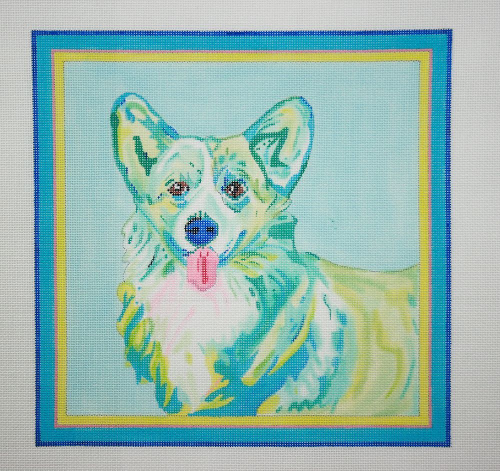 Kate Dickerson Needlepoint Collections Megan Carn - Welsh Corgi - Blues & Greens with Pink Needlepoint Canvas