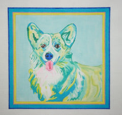 Kate Dickerson Needlepoint Collections Megan Carn - Welsh Corgi - Blues & Greens with Pink Needlepoint Canvas