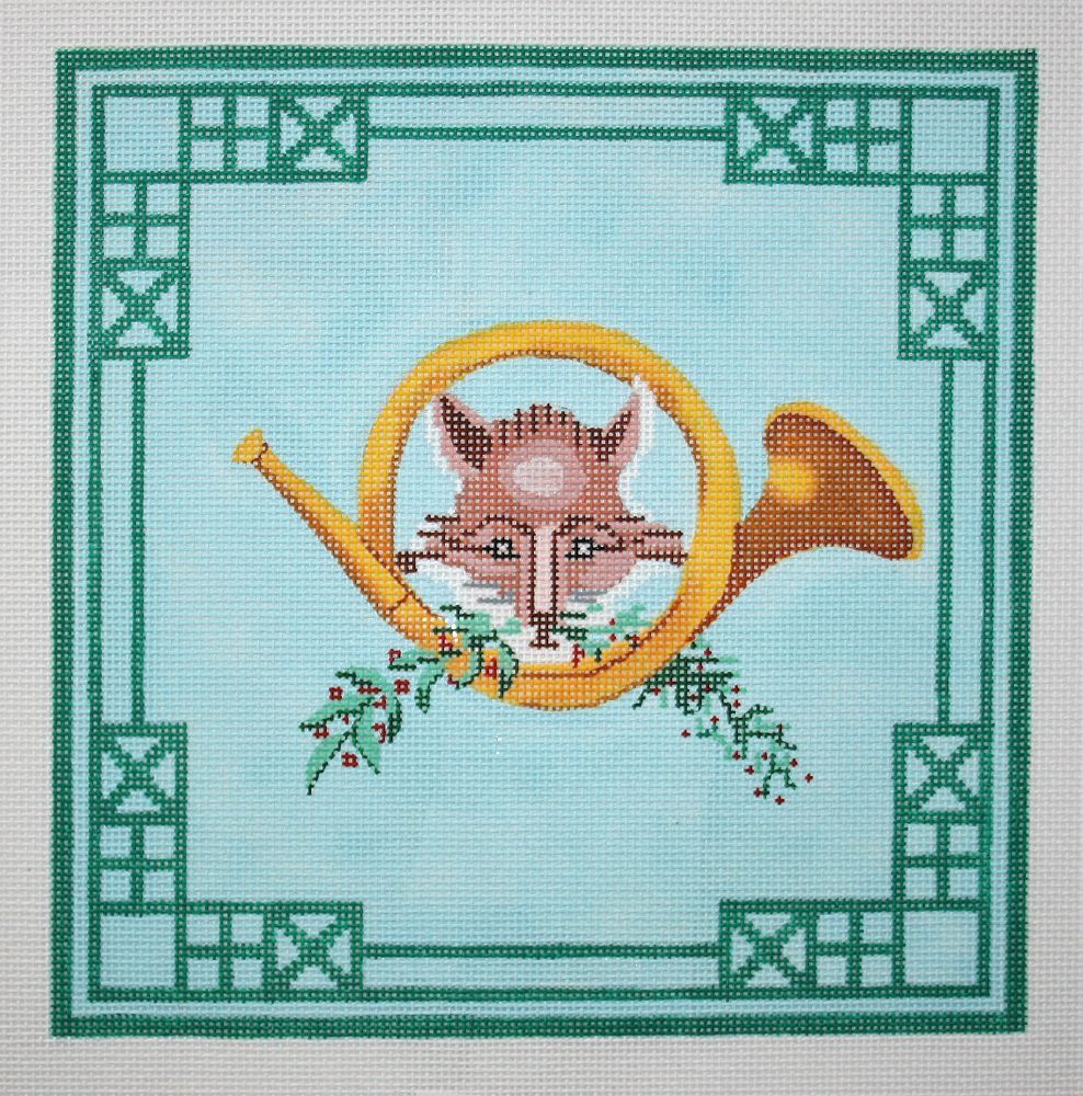 Kate Dickerson Needlepoint Collections Fox & Hunting Horn with Greenery & Chinoiserie Border Needlepoint Canvas