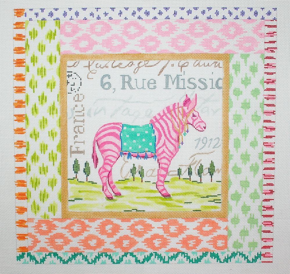 Kate Dickerson Needlepoint Collections Exotic Collage - Pink Zebra with Mixed Ikat Border Needlepoint Canvas
