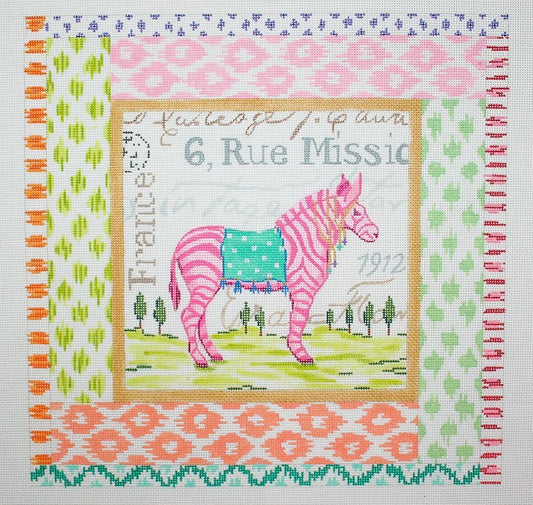 Kate Dickerson Needlepoint Collections Exotic Collage - Pink Zebra with Mixed Ikat Border Needlepoint Canvas