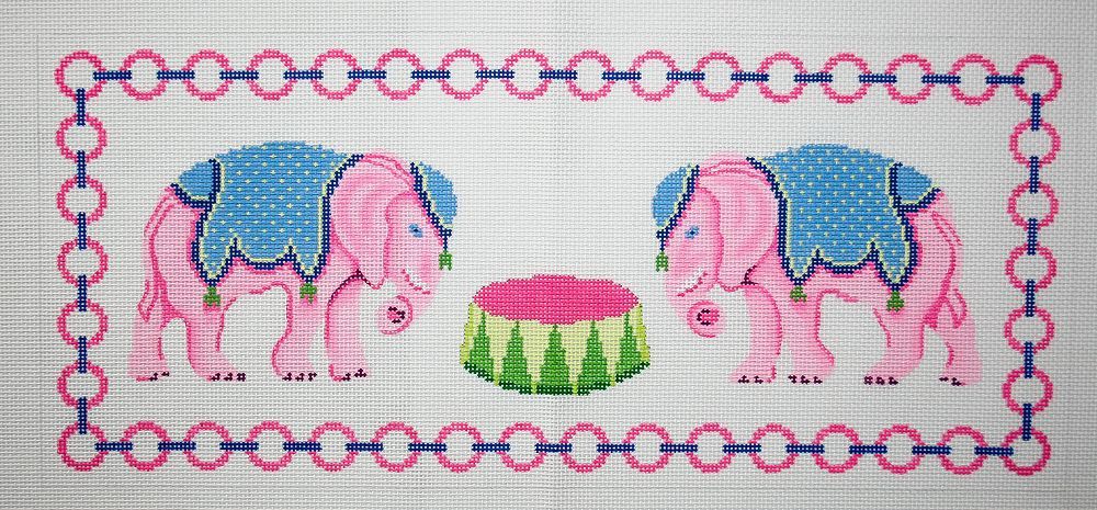 Kate Dickerson Needlepoint Collections Pink Elephants with Jewelry Chain Border & Monogram Space - Pinks, Blues & Greens Needlepoint Canvas