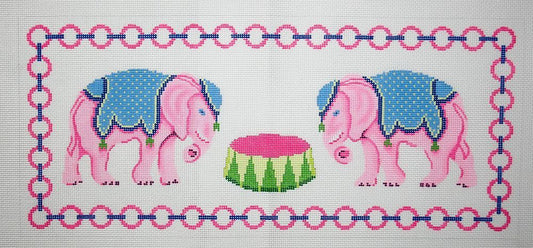 Kate Dickerson Needlepoint Collections Pink Elephants with Jewelry Chain Border & Monogram Space - Pinks, Blues & Greens Needlepoint Canvas