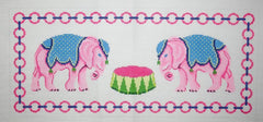 Kate Dickerson Needlepoint Collections Pink Elephants with Jewelry Chain Border & Monogram Space - Pinks, Blues & Greens Needlepoint Canvas