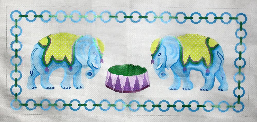 Kate Dickerson Needlepoint Collections Blue Elephants with Jewelry Chain Border & Monogram Space - Blues, Greens & Purples Needlepoint Canvas