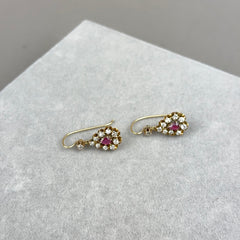 Antique Civil War Era Diamond and Ruby Pear Drop Earring in 14k Gold