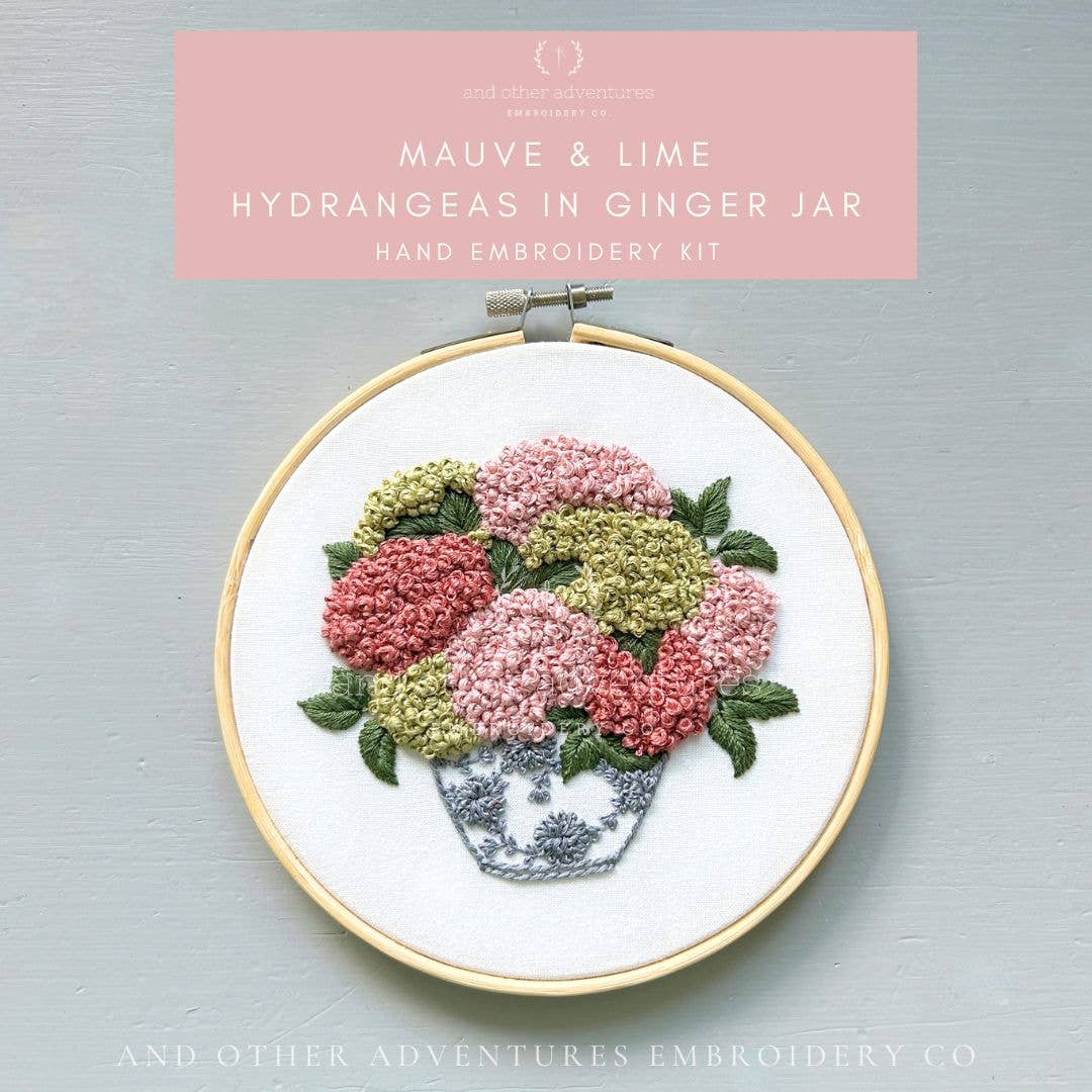 And Other Adventures Embroidery Co Mauve & Lime Hydrangeas in Ginger Jar Embroidery Kit