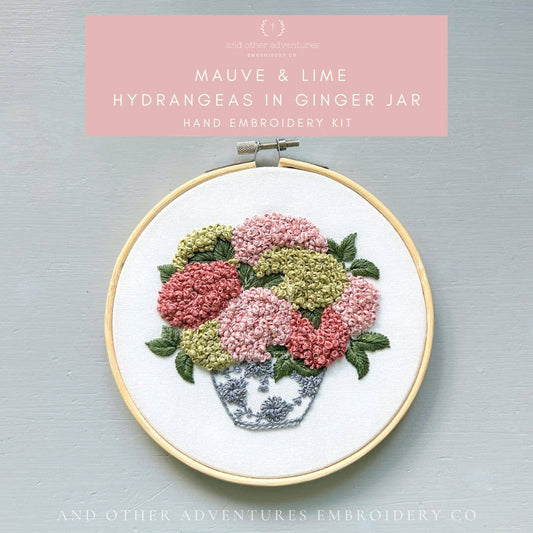 And Other Adventures Embroidery Co Mauve & Lime Hydrangeas in Ginger Jar Embroidery Kit