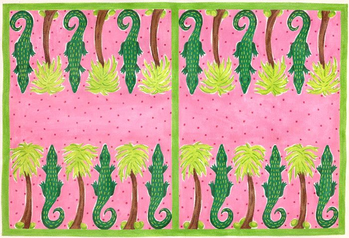 Kate Dickerson Needlepoint Collections Backgammon Board Canvas - Lilly-Inspired Gators & Palms - Bright Pinks & Greens Needlepoint Canvas