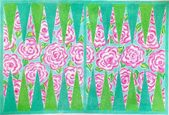 Kate Dickerson Needlepoint Collections Backgammon Board Canvas - Lilly-Inspired Roses - Pinks, Greens & Turquoise 13m Needlepoint Canvas