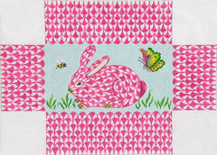 Kate Dickerson Needlepoint Collections Brick - Fishnet Pink Bunny In The Grass with Bee & Butterfly Needlepoint Canvas