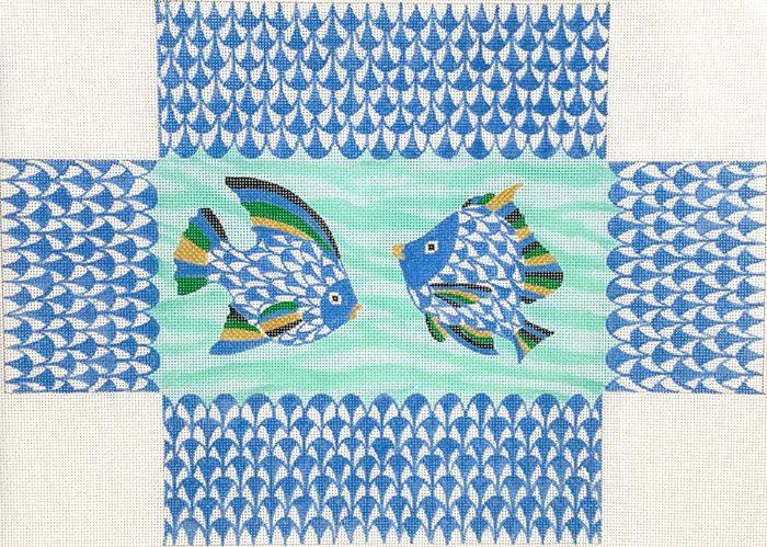 Kate Dickerson Needlepoint Collections Brick - Fishnet Tropical Fish - Blues, Gold, Green & Black Needlepoint Canvas