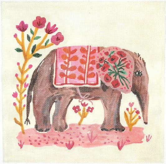 Kate Dickerson Needlepoint Collections Carolyn Gavin - Elephant with Pink Blanket Needlepoint Canvas