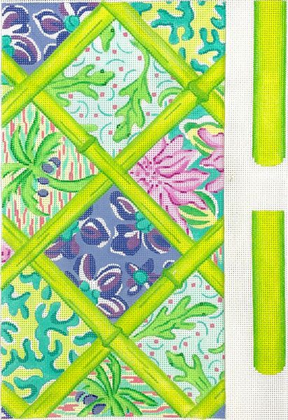 Kate Dickerson Needlepoint Collections Envelope Clutch with Sides - Lilly-Inspired Patchwork with Bamboo - Blues, Greens, Periwinkle & Lavender Needlepoint Canvas