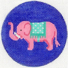 Kate Dickerson Needlepoint Collections 3” Insert - Pink Elephant with Turquoise Blanket - on Bright Blue Needlepoint Canvas