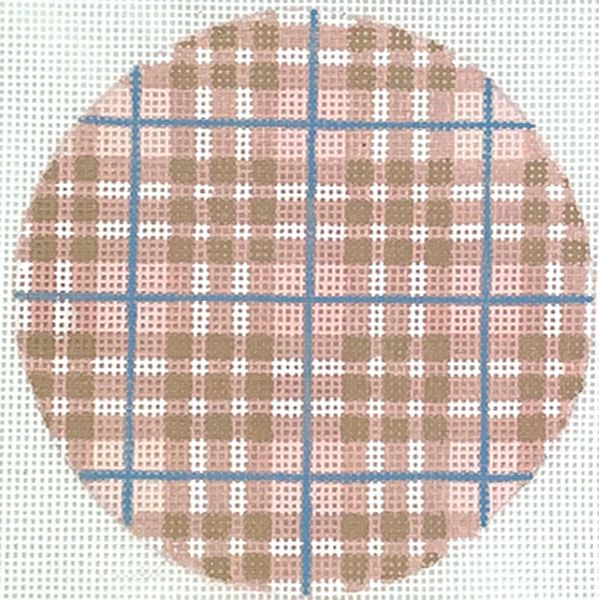 Kate Dickerson Needlepoint Collections 4” Round - Burberry Ladies’ Plaid - Sandy Pink, Tan & Light Blue Needlepoint Canvas