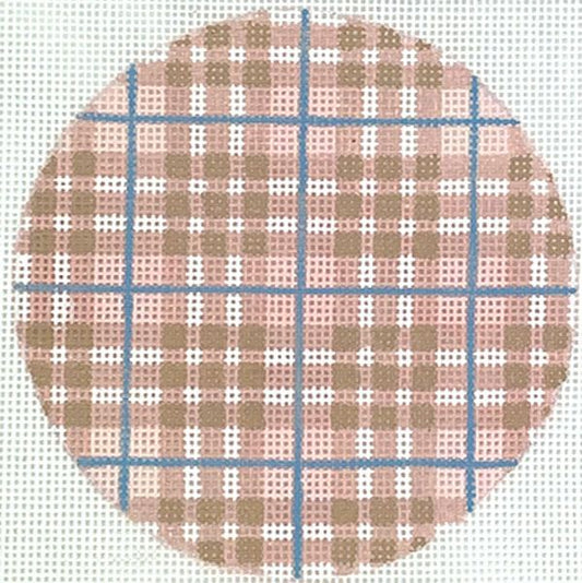 Kate Dickerson Needlepoint Collections 4” Round - Burberry Ladies’ Plaid - Sandy Pink, Tan & Light Blue Needlepoint Canvas