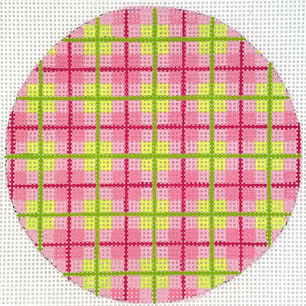 Kate Dickerson Needlepoint Collections 4” Round - Madras Plaid - Pinks & Greens with Grass Green Letter Needlepoint Canvas