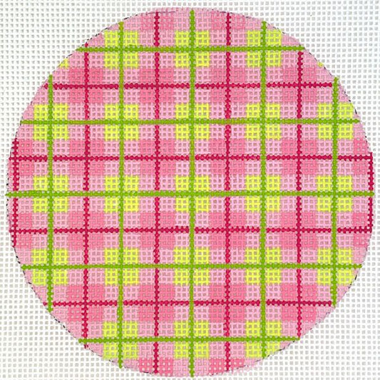 Kate Dickerson Needlepoint Collections 4” Round - Madras Plaid - Pinks & Greens with Grass Green Letter Needlepoint Canvas