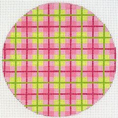 Kate Dickerson Needlepoint Collections 4” Round - Madras Plaid - Pinks & Greens with Grass Green Letter Needlepoint Canvas