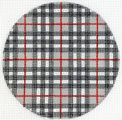 Kate Dickerson Needlepoint Collections 4” Round - Gentleman’S Plaid - Grays, Black & Red with Red Letter Needlepoint Canvas