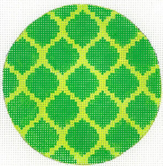 Kate Dickerson Needlepoint Collections 4” Round - Quatrefoils - Kelly on Lime with Hot Pink Letter Needlepoint Canvas