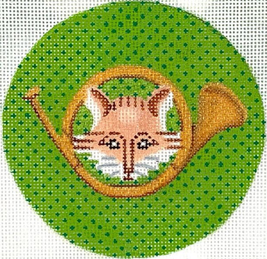 Kate Dickerson Needlepoint Collections 4” Round - Fox & Hunting Horn on Moss Green Needlepoint Canvas