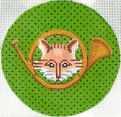 Kate Dickerson Needlepoint Collections 4” Round - Fox & Hunting Horn on Moss Green Needlepoint Canvas